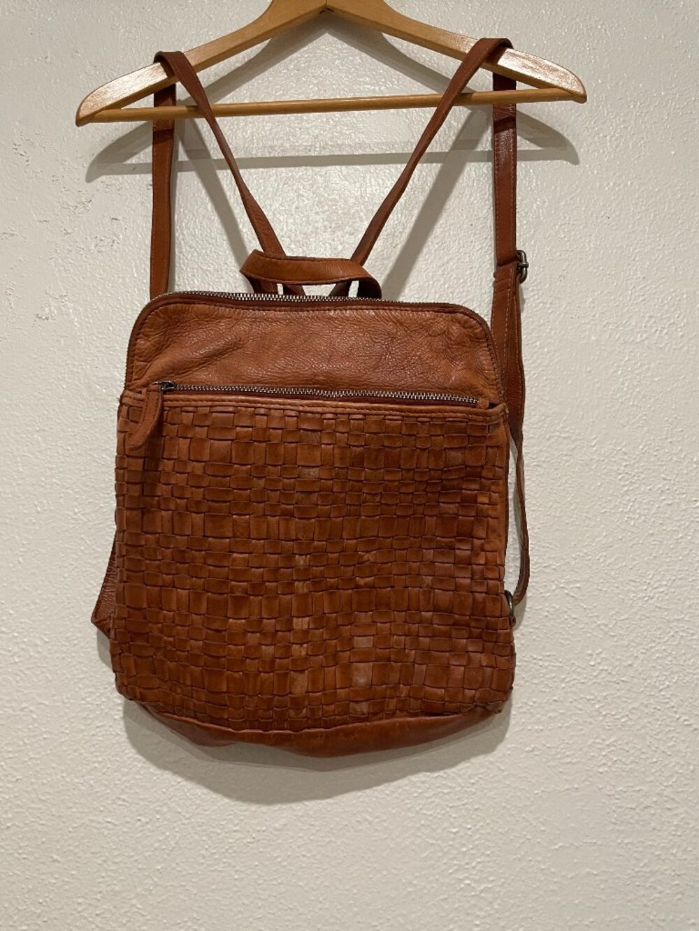 Woven Leather Backpack Convertible Cognac Brown Crossbody Purse
